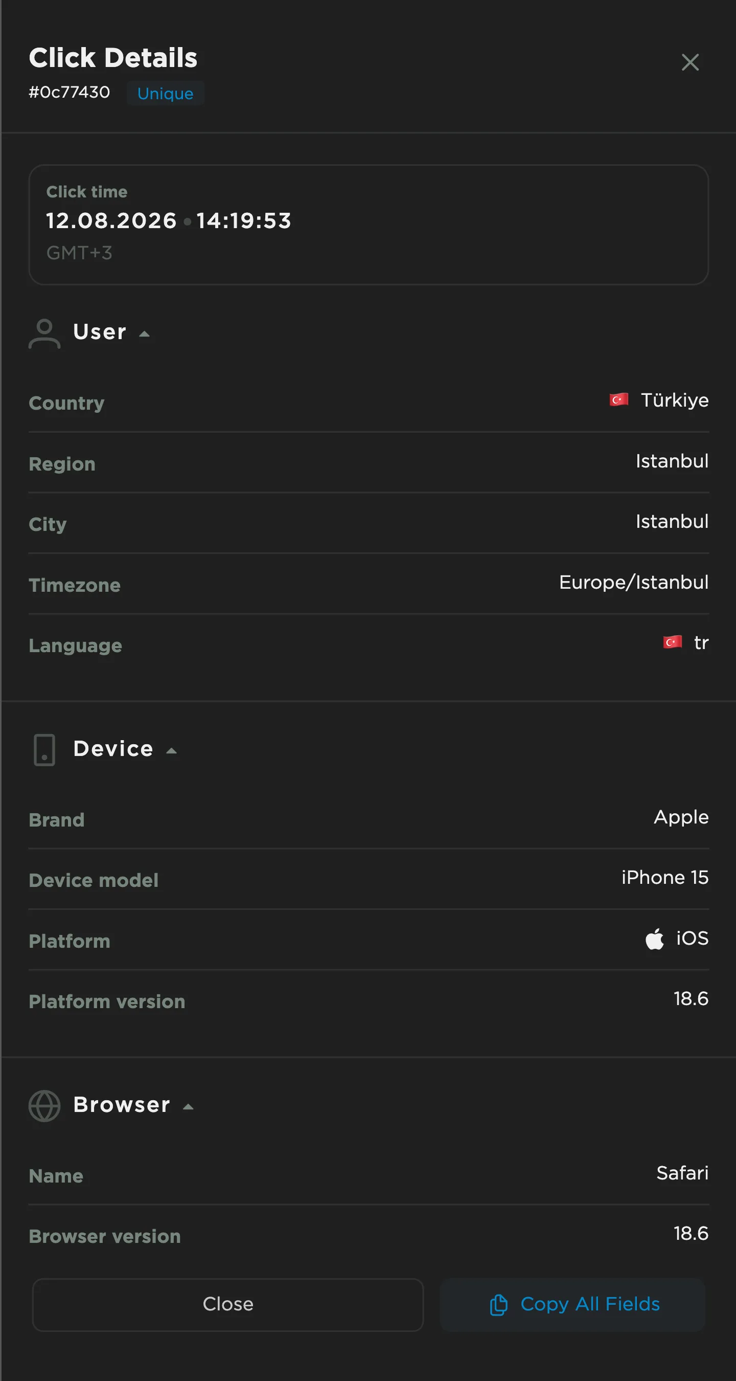 Click details panel showing click time with timezone, country, region, city, language, device brand and model, platform and browser versions, and connection data