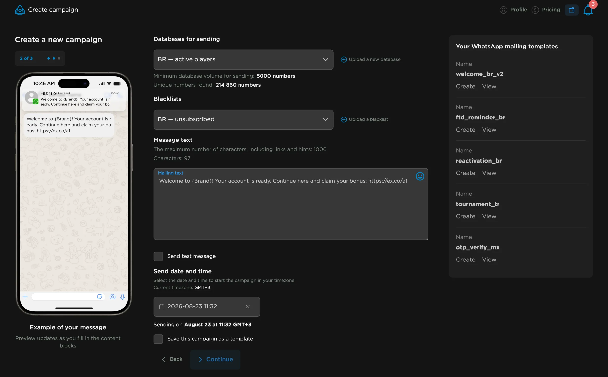 WhatsApp campaign builder with database selection, blacklist, message text, live phone preview and send schedule
